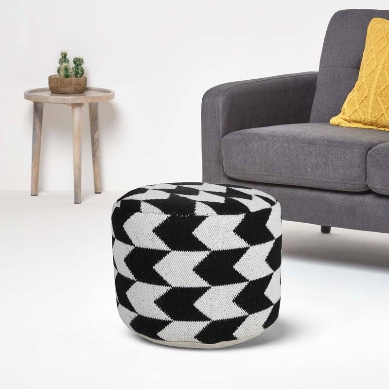 Round Pouf Ottoman Arrow Pattern Woven Global Inspired Chevron
