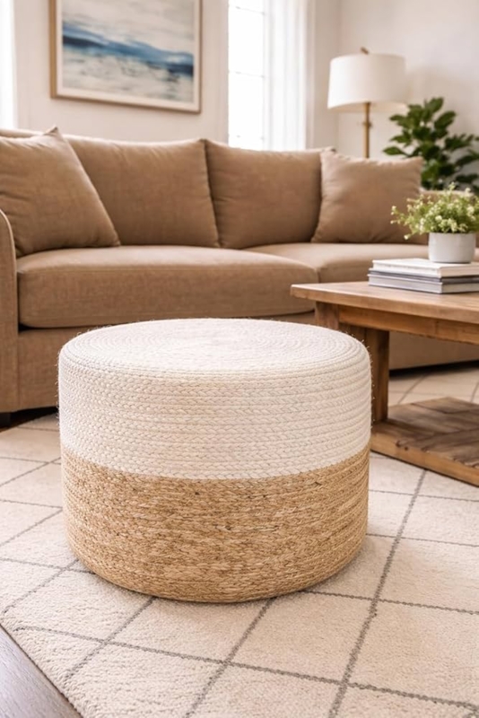 Round Pouf Ottoman Braided Natural Ivory Colorblock Chunky
