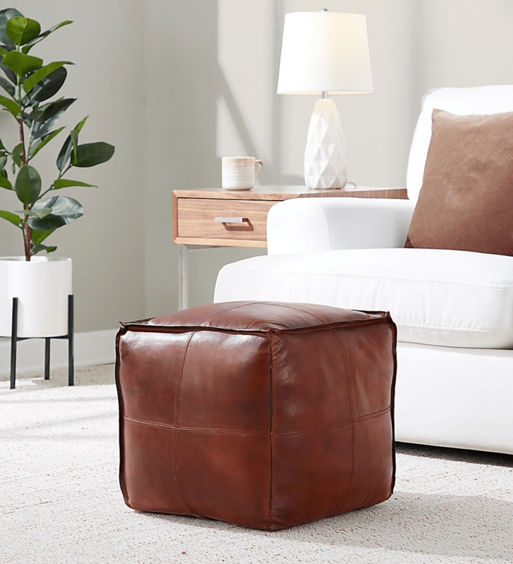 Round Pouf Ottoman Button Tufted with Wood Pedestal Base