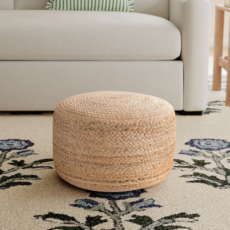 Round Pouf Ottoman Chunky Braided Knit Cream Modern Farmhouse