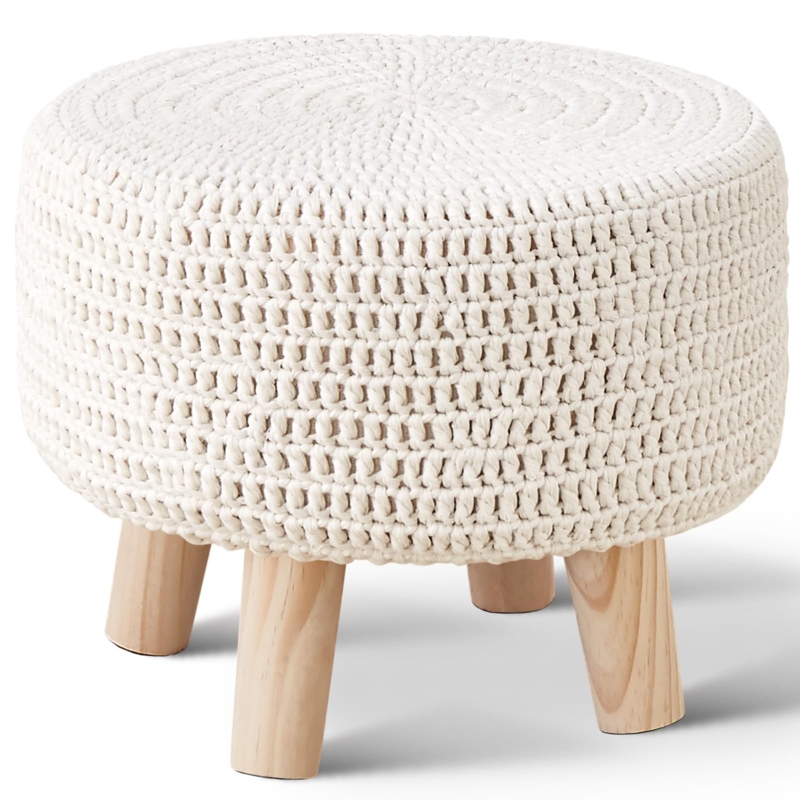 Round Pouf Ottoman Chunky Cable Knit Beige Wood Legs Boho