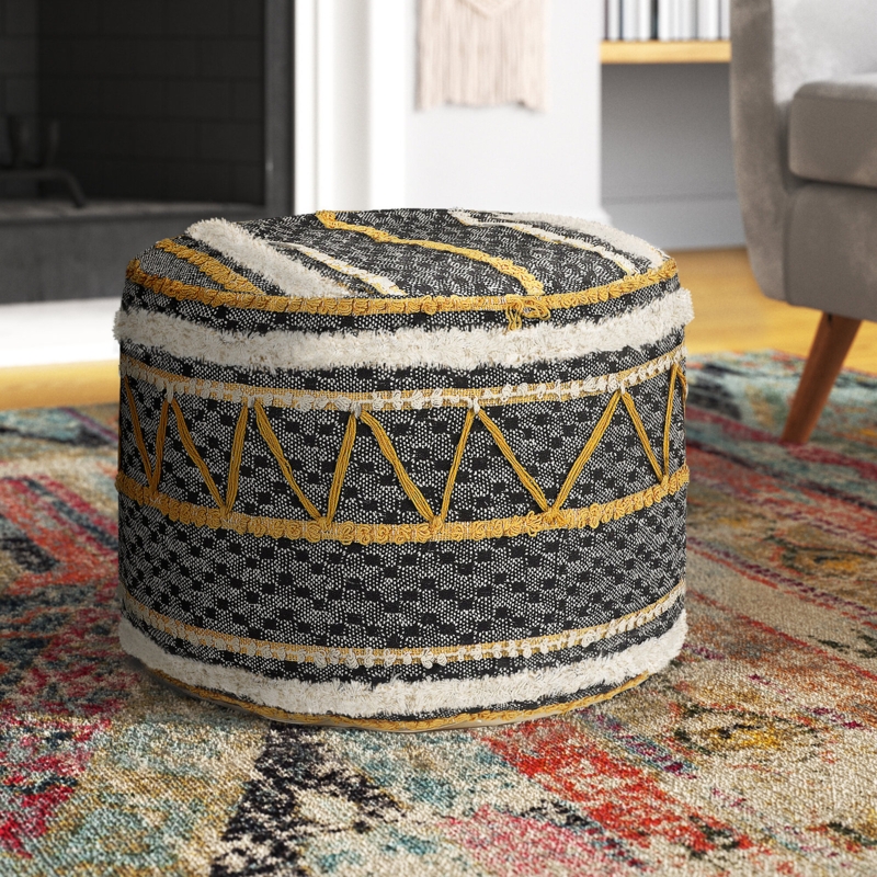 Round Pouf Ottoman Chunky Cotton Weave Ivory Grey Geometric Boho