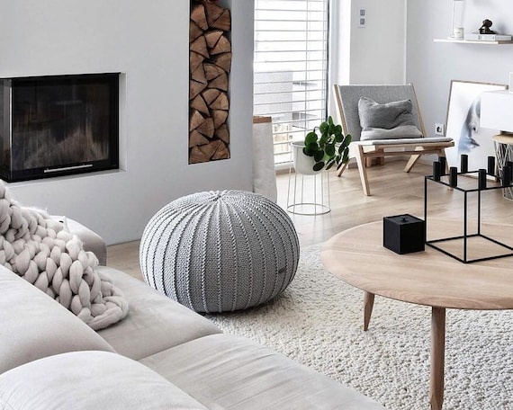 Round Pouf Ottoman, Chunky Knit Texture, Light Grey, Scandinavian Decor