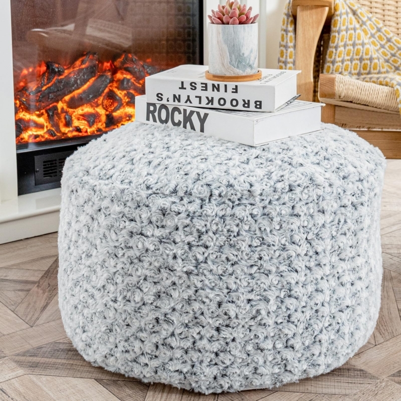 Round Pouf Ottoman with Top Handle, Light Grey Woven Texture, Scandi Style