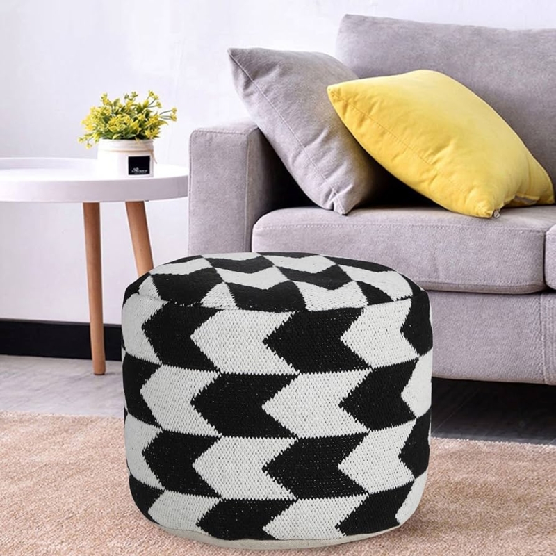 Round Pouf Ottoman Woven Drum Silhouette Black and White Chevron
