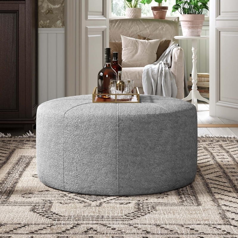 Round Pouf Stuffed Chenille, Textured Cream Living Room Ottoman