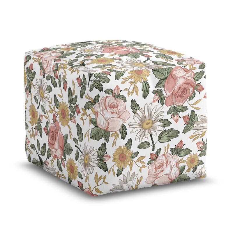 Round Pouf Vintage Floral Print Piped Edges Shabby Chic Accent