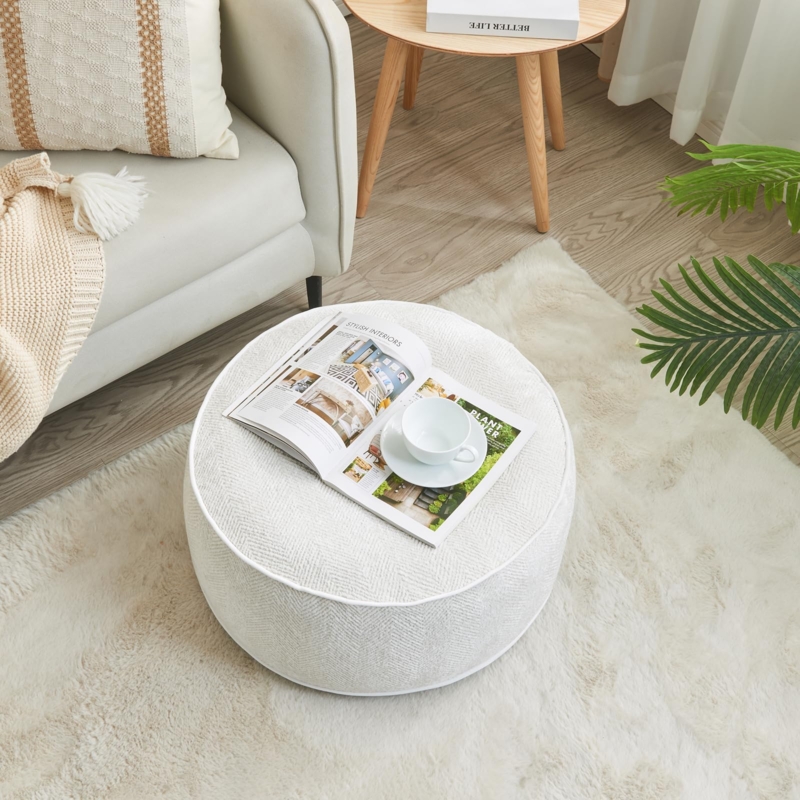 Round Pouf with Carry Handle, Cream Chenille Floor Seating Idea