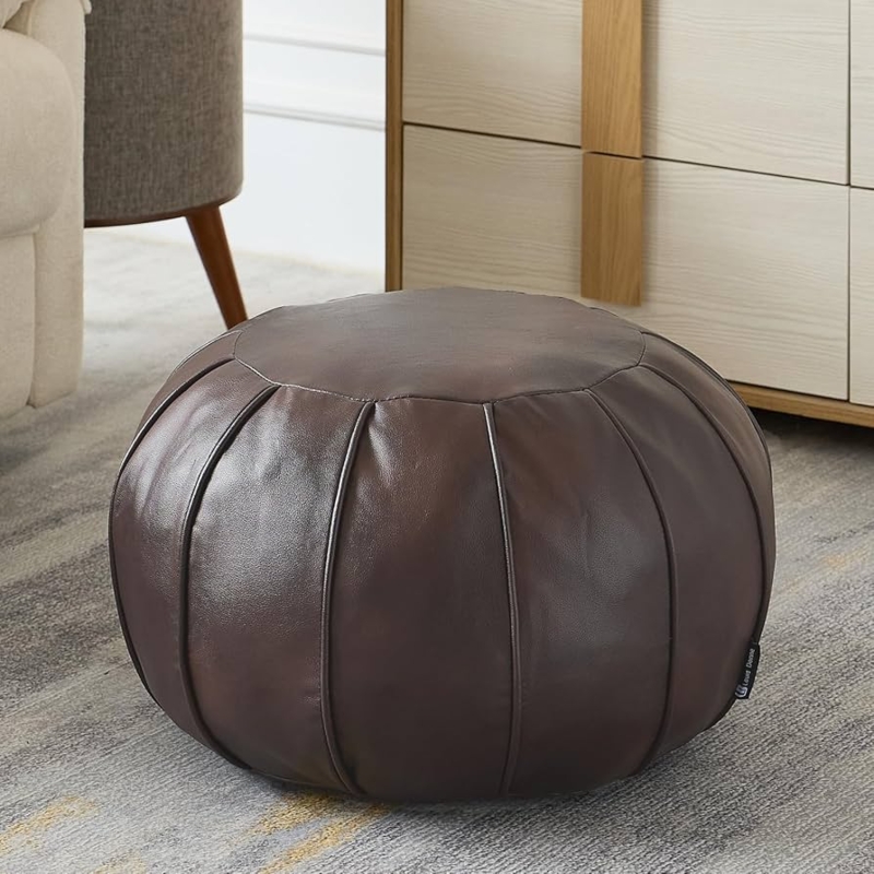 Round Pouf with Center Button and Decorative Piping for Bohemian Decor