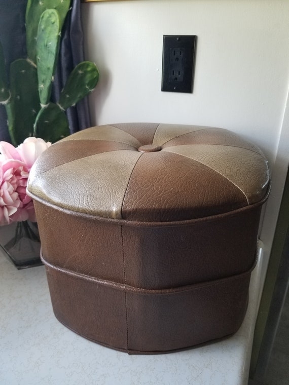Round Pouf with Two-Tone Brown and Beige Vinyl Segmented Sunburst Top