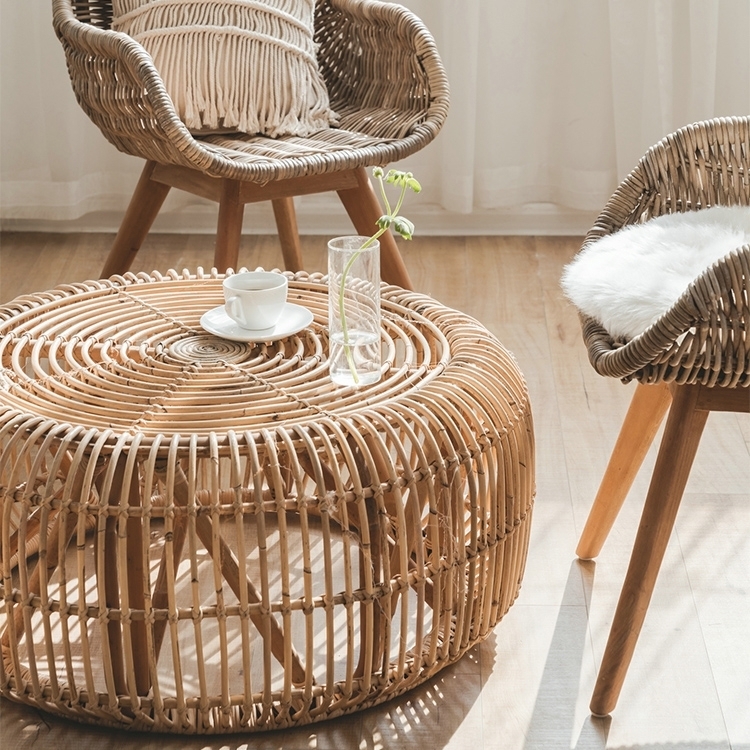 Round Sculptural Coffee Table featuring Woven Diamond Pattern Base