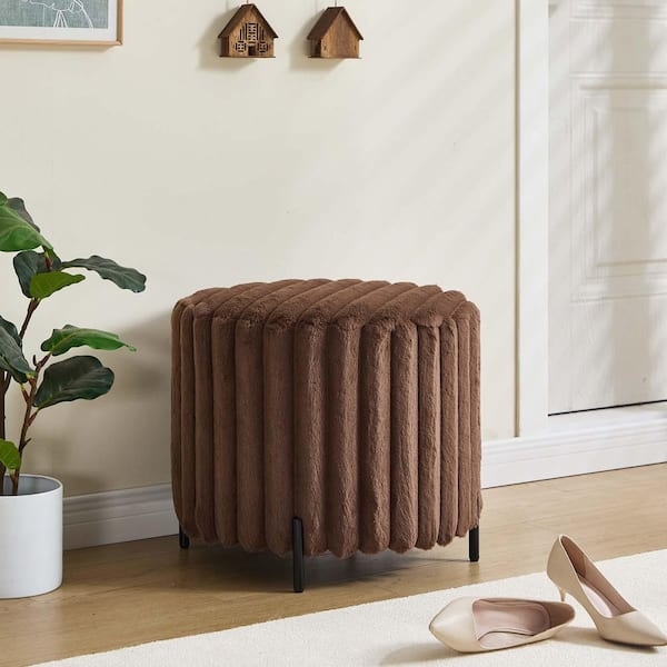 Round Shaggy Faux Fur Ottoman in Chocolate Brown