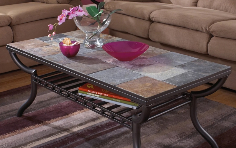 Round Slate Coffee Table Minimalist Metal Frame Industrial Style