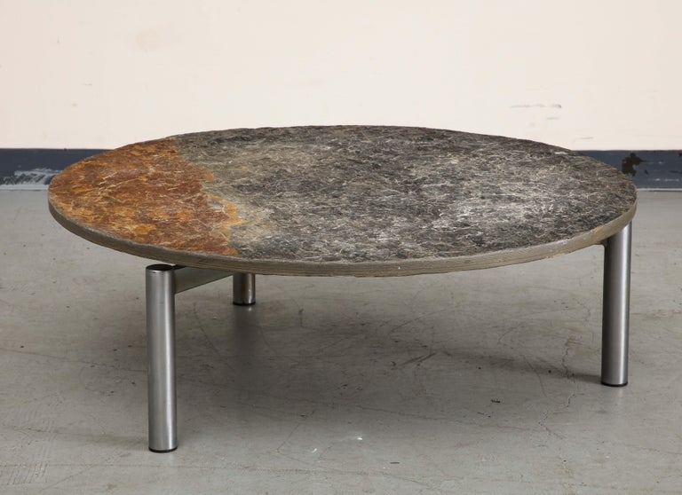 Round Slate Coffee Table Polished Chrome Curved Legs Mid-Century