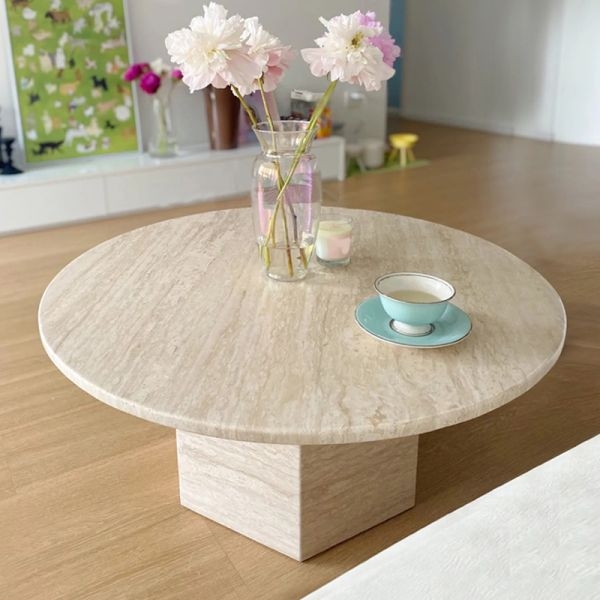 Round Stone Coffee Table, Ivory Pitted Finish, Chunky Cylindrical Legs