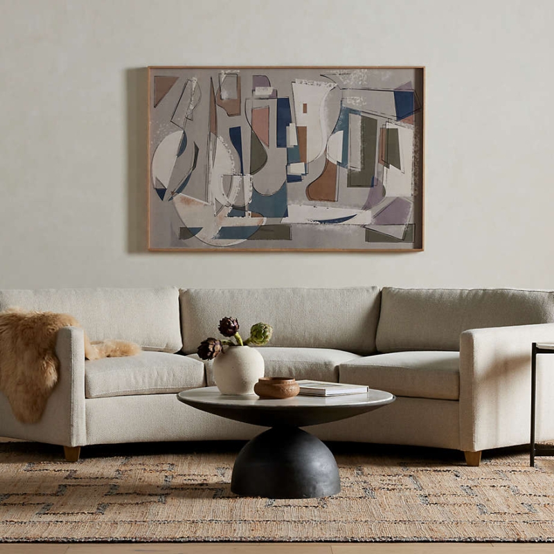 Round Stone Coffee Table on Minimalist Grey Metal Tripod Base