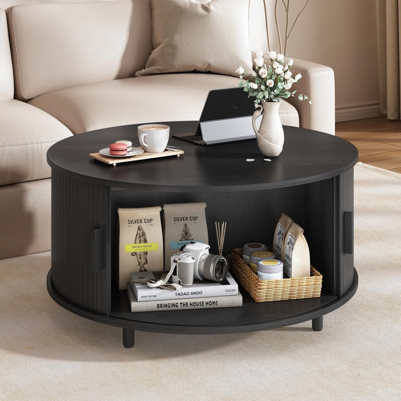 Round Storage Coffee Table, Black Fluted Base, Removable Lid