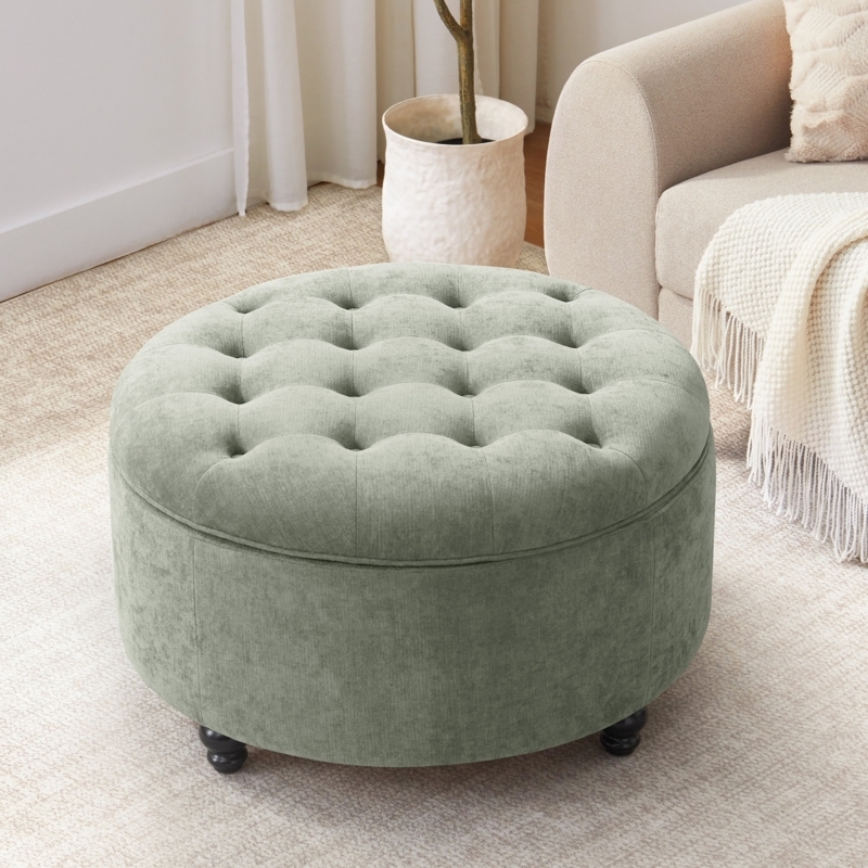 Round Storage Ottoman Button-Tufted Nailhead Trim Light Blue Fabric