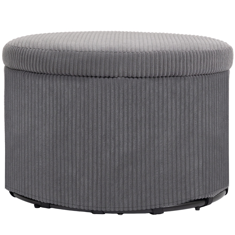 Round Storage Ottoman, Cream Fabric, Button Tufted Lid, Tapered Wood Legs