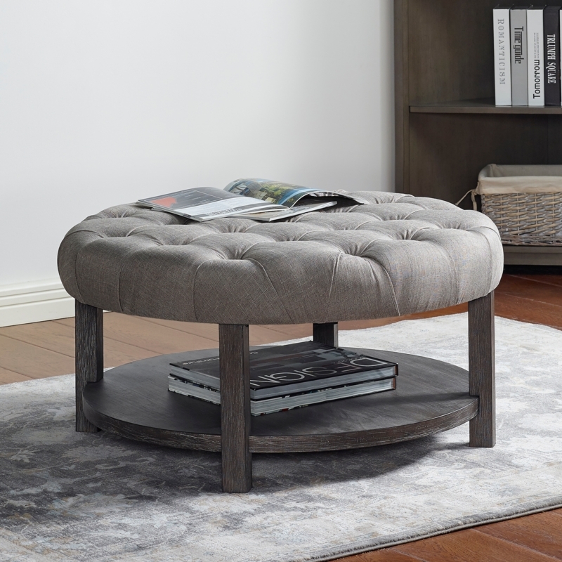 Round Storage Ottoman, Deep Button Tufting, Farmhouse Style, Wood Base