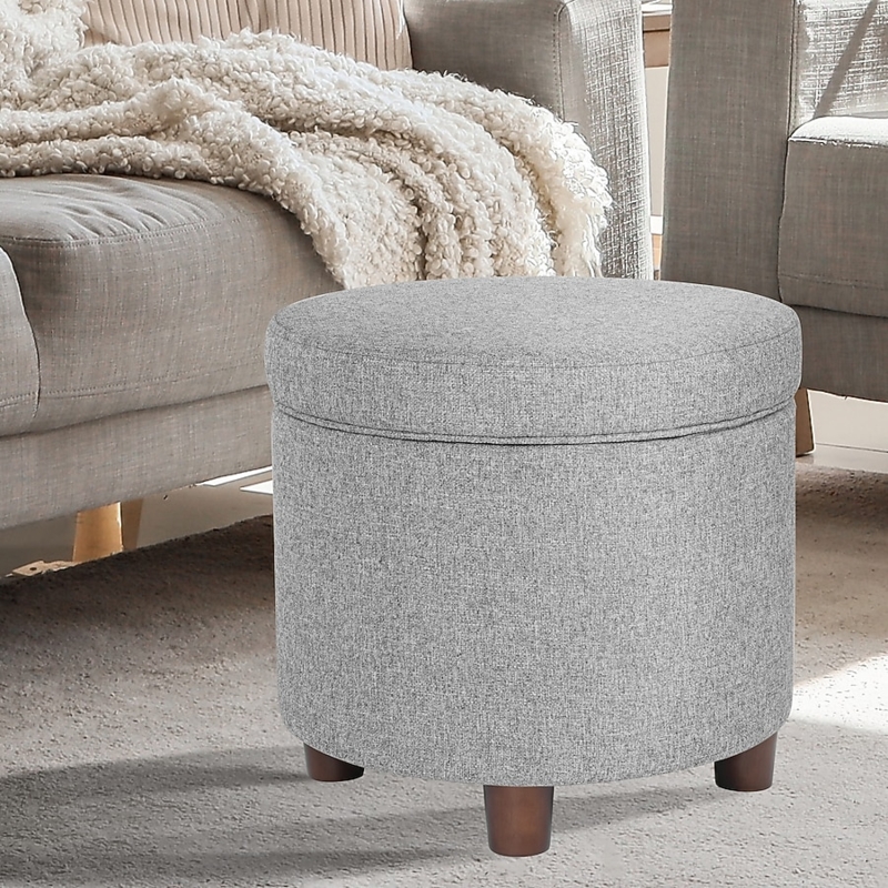 Round Storage Ottoman, Removable Lid, Light Gray Tweed Fabric Texture