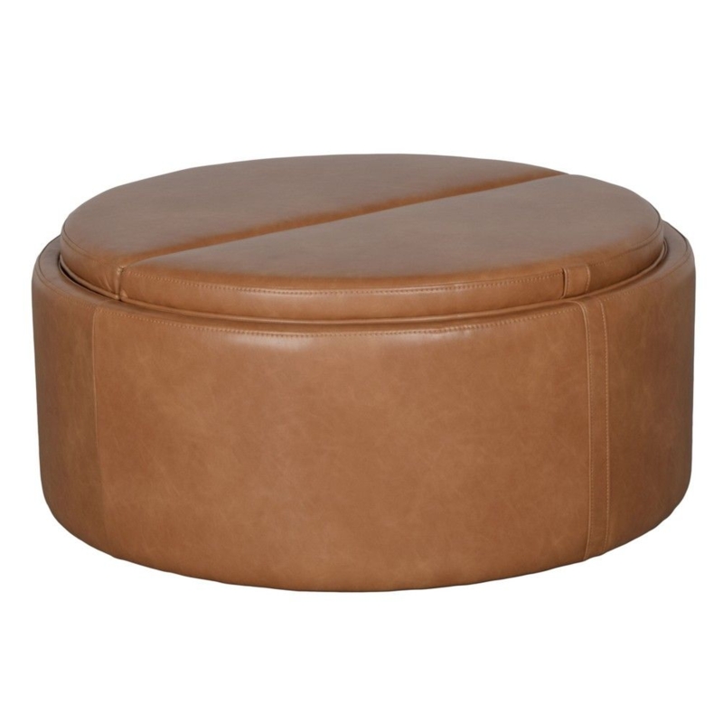 Round Storage Ottoman Smooth Camel Leather-Like Contemporary Footstool