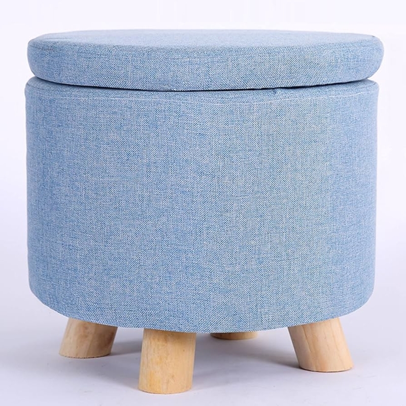Round Storage Ottoman Tufted Lid Tapered Wood Legs