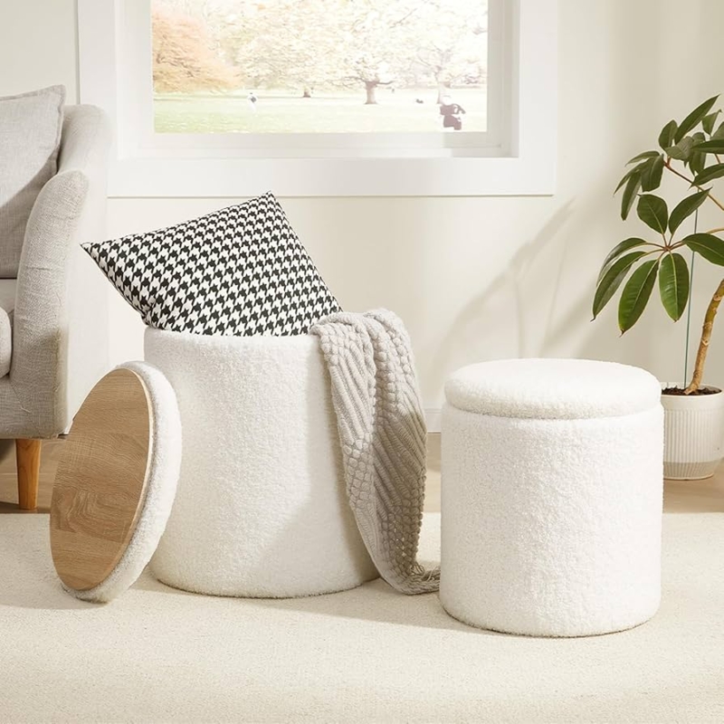 Round Storage Ottoman White Boucle Texture Modern Minimalist Stool
