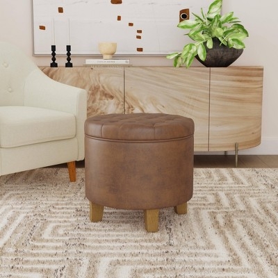 Round Storage Ottoman with Brown Button Tufting and Legs