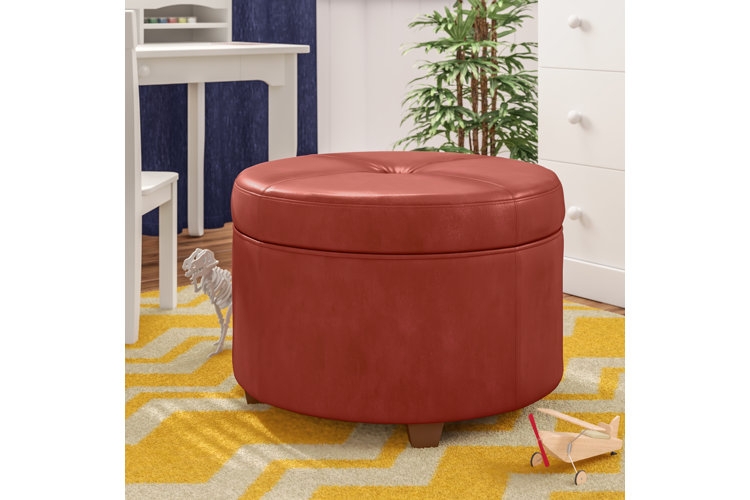 Round Storage Ottoman with Tray Top, Splayed Wood Legs, Oatmeal Fabric