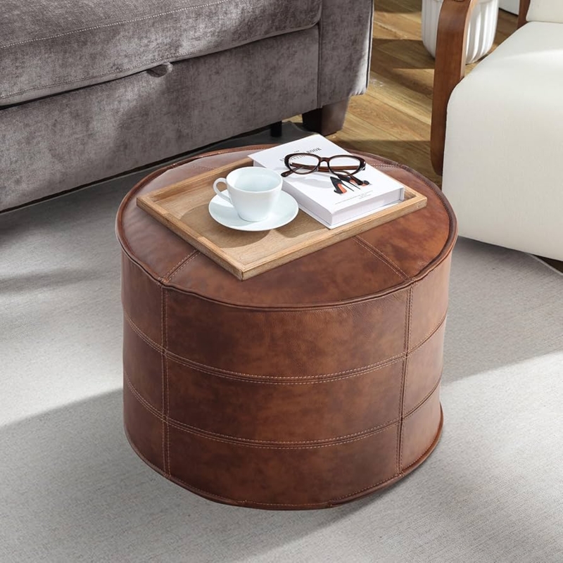 Round Stuffed Pouf with Decorative Top-Stitching and Bohemian Style