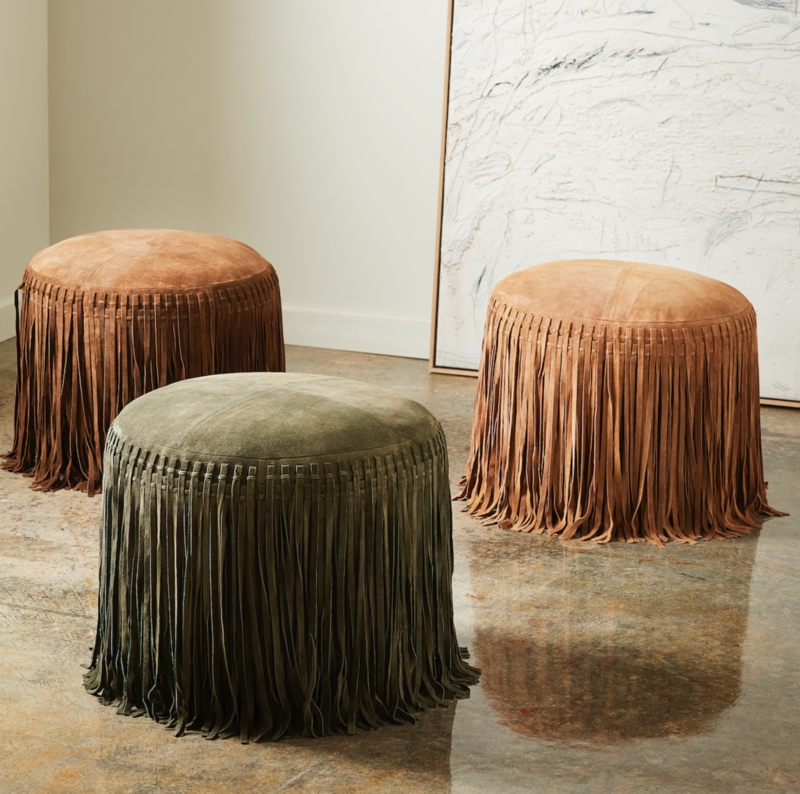 Round Suede-Like Pouf with Bohemian Fringe Trim