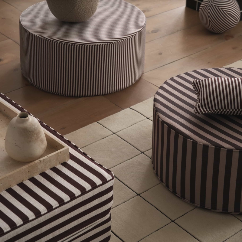 Round Taupe Striped Ottoman with Piped Edges, Transitional Style