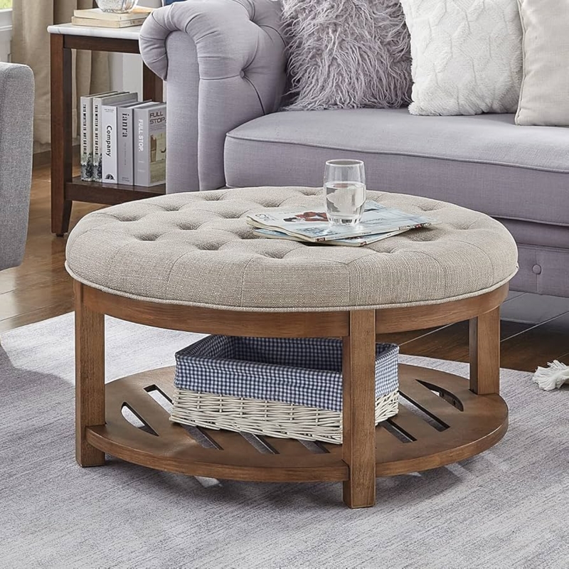 Round Tufted Ottoman with Integrated Wood Storage Shelf