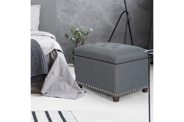 Round Tufted Storage Ottoman, Slate Blue Fabric, Lift-Off Lid