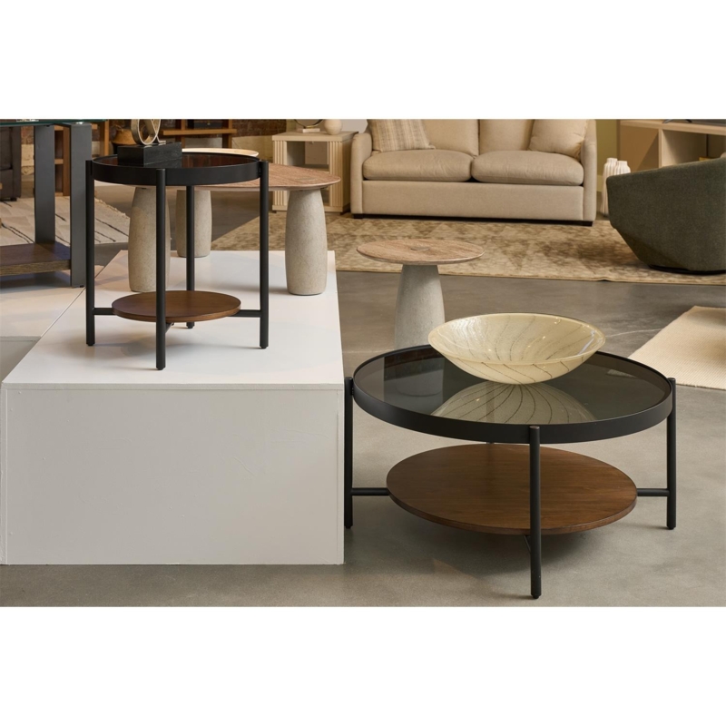 Round Two-Tier Coffee Table, Medium Brown, Open Shelf and Straight Legs