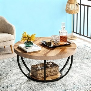 Round Two-Tier Coffee Table, Thick Wood-Toned Top, Industrial Frame