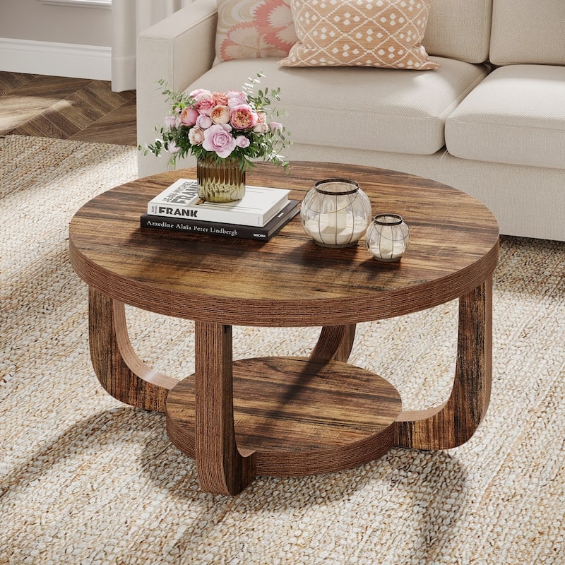 Round Two Tier Coffee Table. Warm Brown Wood Finish, Open Storage Shelf.
