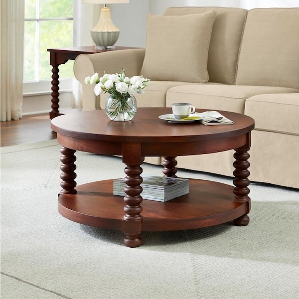 Round Walnut Coffee Table. Thick Curved Architectural Legs, Transitional.