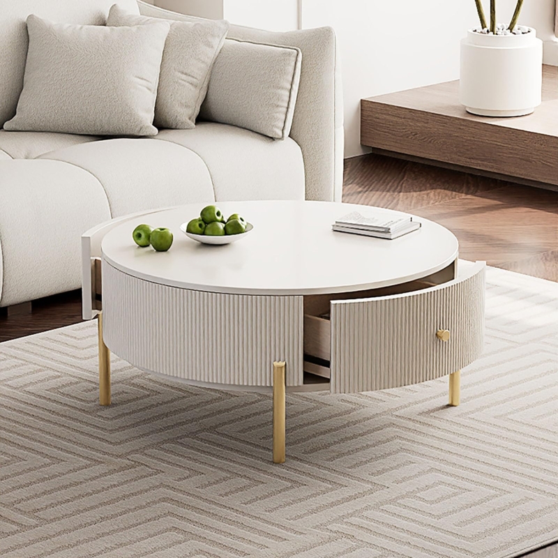Round White Coffee Table with Fluted Sides and Drawers