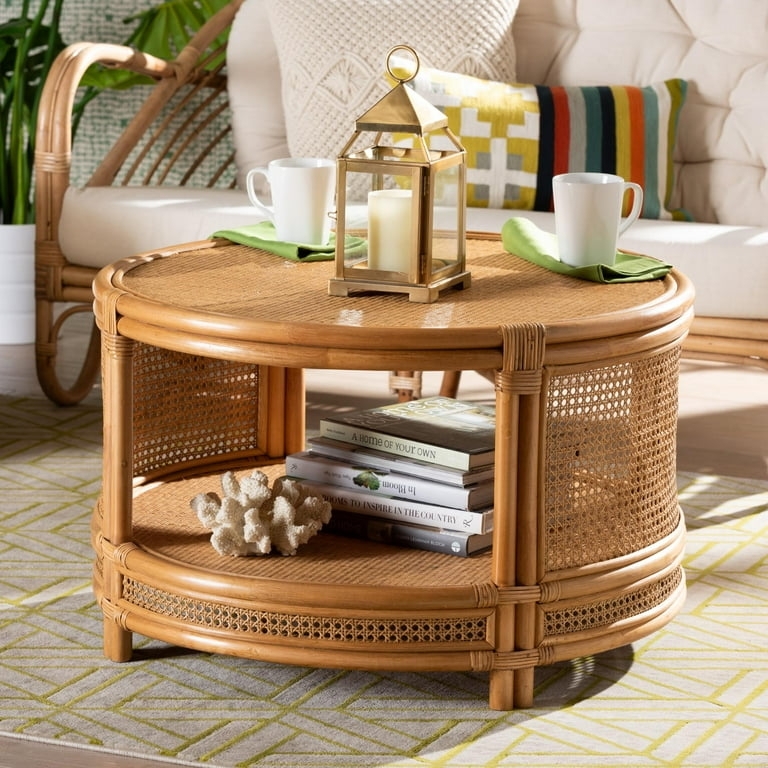 Round Wood Coffee Table Shelf Rattan Curved Leg Silhouette