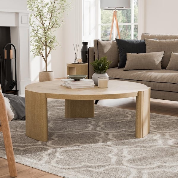 Round Wood Coffee Table with Recessed Plinth Base
