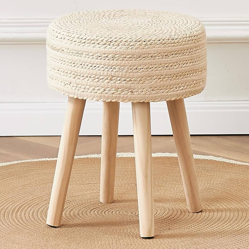 Round Woven Natural Fiber Ottoman with Wood Legs, Braided Pouf
