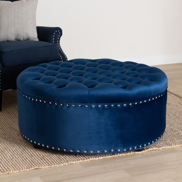 Royal Blue Velvet Ottoman, All-Over Tufted Cube Footstool, Glam Style