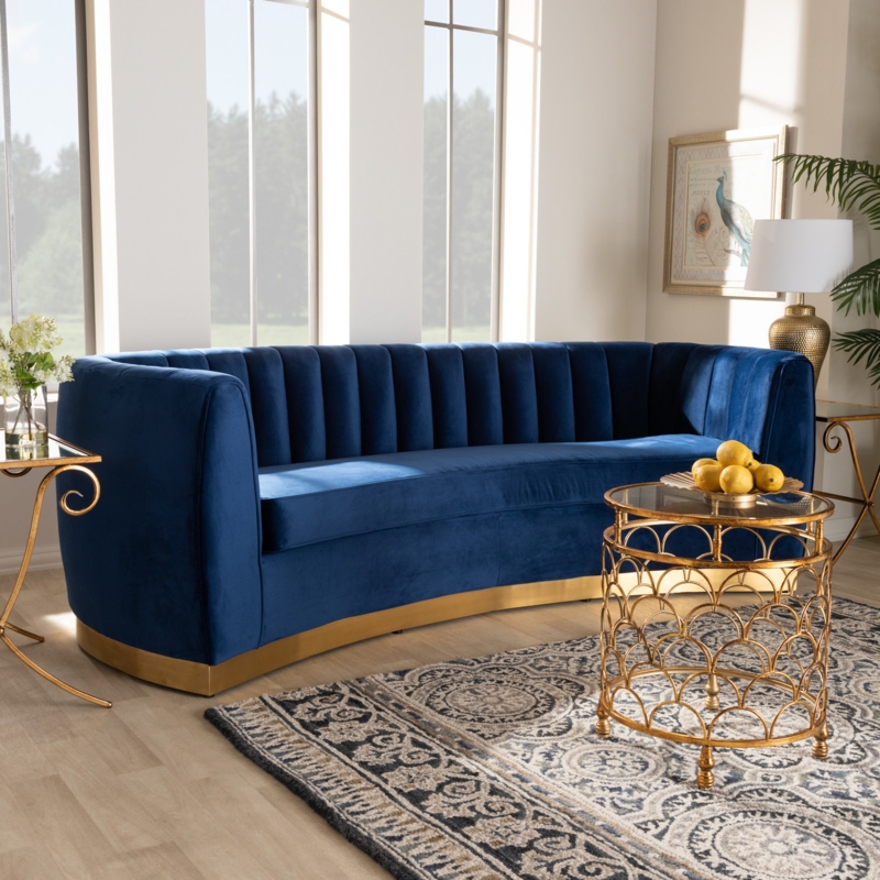 Royal Blue Velvet Sofa Channel Tufted Gold Legs Glam Seating