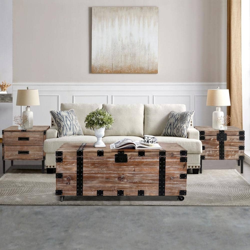 Rustic 3-Piece Coffee Table Set with Trunk Storage and Metal Hardware