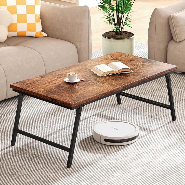 Rustic Brown Folding Coffee Table, Magnetic Latches, Portable Wood Grain