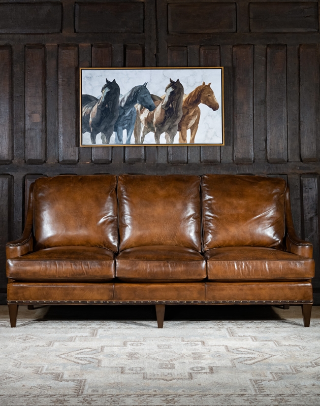 Rustic Cafe Brown Leather Sofa with Rolled Arms and Nailheads