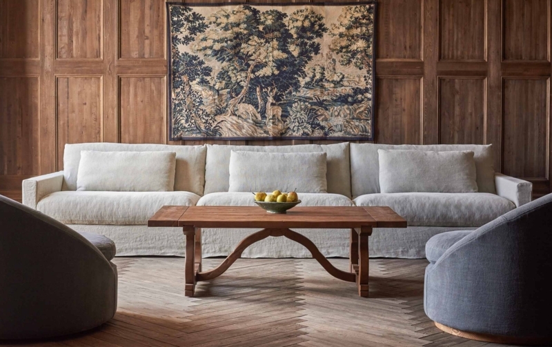 Rustic Chunky Wood Coffee Table. Distressed Pine, Low Profile Slab Top.