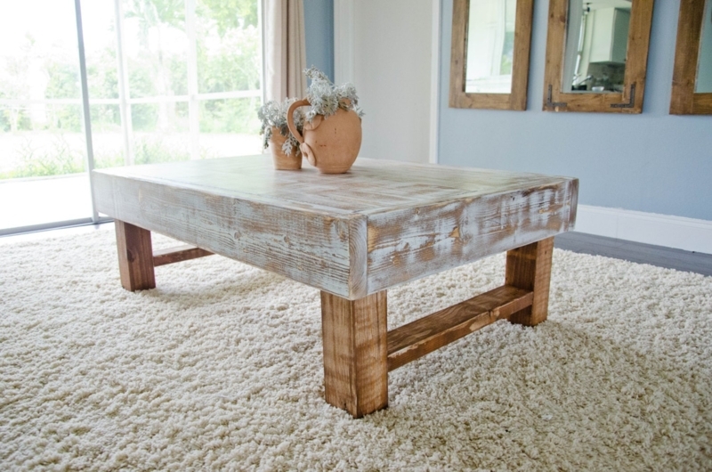 Rustic Coffee Table Whitewashed Finish Slatted Shelf Farmhouse
